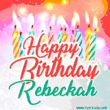 Bright birthday candles with rainbow flames on a cake, alongside the text 'Happy Birthday Rebeckah' in vibrant script in this celebratory animated GIF.