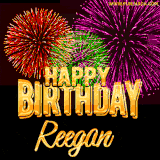 A golden 'Happy Birthday Reegan' message with vibrant fireworks in the background, creating a festive and celebratory vibe in this animated name GIF.