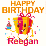 A vibrant and funny gift box character with a happy face dancing with a cupcake and the text 'Happy Birthday Reegan,' surrounded by animated confetti and party vibes.