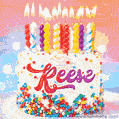 Personalized for Reese elegant birthday cake adorned with rainbow sprinkles, colorful candles and glitter