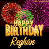 A golden 'Happy Birthday Reghan' message with vibrant fireworks in the background, creating a festive and celebratory vibe in this animated name GIF.