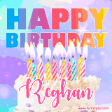 A vibrant animated name GIF with the words 'Happy Birthday Reghan' with colorful candles on a creamy cake. The background sparkles with pastel shades, adding a festive touch.