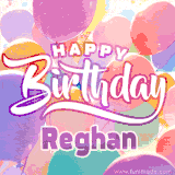 A vibrant name GIF featuring colorful balloons in shades of pink, orange, and yellow with the bold text 'Happy Birthday Reghan' in festive fonts, creating a lively birthday vibe.