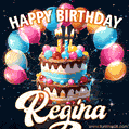 Hand-drawn happy birthday cake adorned with an arch of colorful balloons - name GIF for Regina
