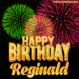 A captivating GIF with bursts of green, pink, and orange fireworks lighting up the night sky, accompanied by 'Happy Birthday Reginald' in glowing golden text.