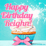 A festive cupcake with pink icing, a gingham bow, and a lit animated sparkler, paired with 'Happy Birthday Reighn!' in bright pink text.