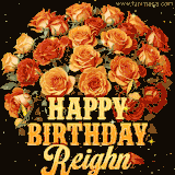 Animated bouquet of orange roses with moving butterfles and golden 'Happy Birthday Reighn' text, surrounded by sparkling accents and a dark backdrop for a luxurious feel.