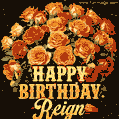 Beautiful bouquet of orange and red roses for Reign, golden inscription and twinkling stars
