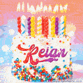 Personalized for Reign elegant birthday cake adorned with rainbow sprinkles, colorful candles and glitter