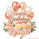 Beautiful pink and peach roses with gently moving Happy Birthday Reign text