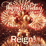 A customized birthday ecard for Reign featuring a red present under a glittering sky filled with gold firework bursts.