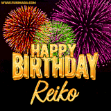 A golden 'Happy Birthday Reiko' message with vibrant fireworks in the background, creating a festive and celebratory vibe in this animated name GIF.
