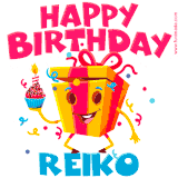 A vibrant and funny gift box character with a happy face dancing with a cupcake and the text 'Happy Birthday Reiko,' surrounded by animated confetti and party vibes.