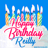 A cheerful animated GIF featuring colorful lit birthday candles on a white cake, with the text 'Happy Birthday Reilly' in bold red and blue script on a bright blue background.