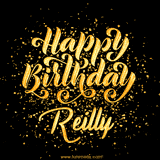 Animated GIF with colorful, festive 'Happy Birthday Reilly' text decorated with patterns, a party hat, and falling confetti. A vibrant and cheerful design for birthday celebrations.