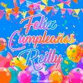 A vibrant animated GIF with 'Feliz Cumpleaños Reilly' written in colorful script, surrounded by balloons, confetti, and bunting on a bright blue background.