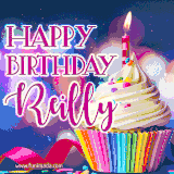 A festive animated GIF featuring a colorful cupcake with a single lit candle, sprinkles, and 'Happy Birthday Reilly' text against a sparkling, celebratory background.