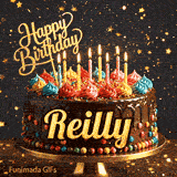 A gourmet chocolate cake on a stand with burning candles and a gold Happy Birthday topper, made for Reilly.