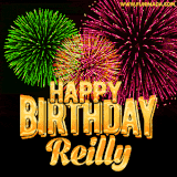 A captivating GIF with bursts of green, pink, and orange fireworks lighting up the night sky, accompanied by 'Happy Birthday Reilly' in glowing golden text.