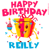 A funny animated birthday GIF with the words 'Happy Birthday Reillya', colorful gift box with arms and legs, holding a cupcake with a lit candle  with confetti everywhere.