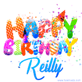 Animated GIF with colorful, festive 'Happy Birthday Reilly' text decorated with patterns, a party hat, and falling confetti. A vibrant and cheerful design for birthday celebrations.
