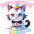 Cute cosmic cat with a birthday cake for Reina surrounded by a shimmering array of rainbow stars