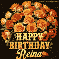 Beautiful bouquet of orange and red roses for Reina, golden inscription and twinkling stars