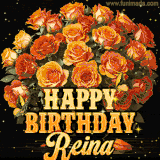 Animated bouquet of orange roses with moving butterfles and golden 'Happy Birthday Reina' text, surrounded by sparkling accents and a dark backdrop for a luxurious feel.