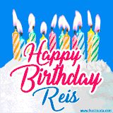 A cheerful animated GIF featuring colorful lit birthday candles on a white cake, with the text 'Happy Birthday Reis' in bold red and blue script on a bright blue background.