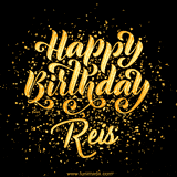 Animated GIF with colorful, festive 'Happy Birthday Reis' text decorated with patterns, a party hat, and falling confetti. A vibrant and cheerful design for birthday celebrations.