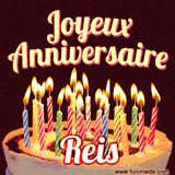 A Happy Birthday GIF in French featuring a festive birthday cake adorned with bright candles and the glowing text 'Joyeux Anniversaire Reis' in a cheerful style.