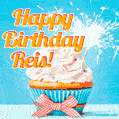A cheerful animated GIF of a cupcake with creamy frosting, a red checkered ribbon, and a bright sparkler on top. The text 'Happy Birthday Reis!' is displayed in vibrant orange and red.