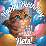 A playful tabby cat sits behind a colorful birthday cake surrounded by balloons and confetti, with 'Happy Birthday Reis!' written above in festive letters.