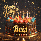 Personalised birthday animation with the name Reis written on a chocolate drip cake with flickering candles.