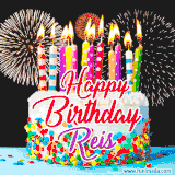 A lively happy birthday animated GIF showcasing a colorful birthday cake covered in sprinkles, topped with glowing candles, and surrounded by vibrant fireworks. The name 'Reis' is featured in elegant script.