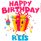 A funny animated birthday GIF with the words 'Happy Birthday Reisa', colorful gift box with arms and legs, holding a cupcake with a lit candle  with confetti everywhere.