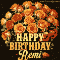 Beautiful bouquet of orange and red roses for Remi, golden inscription and twinkling stars