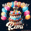 Hand-drawn happy birthday cake adorned with an arch of colorful balloons - name GIF for Remi