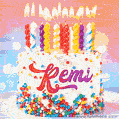 Personalized for Remi elegant birthday cake adorned with rainbow sprinkles, colorful candles and glitter