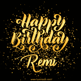 Animated GIF with colorful, festive 'Happy Birthday Remi' text decorated with patterns, a party hat, and falling confetti. A vibrant and cheerful design for birthday celebrations.