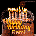 A rich chocolate cake topped with glowing birthday candles and surrounded by bright fireworks. The animated GIF displays the message 'Happy Birthday Remi' in golden text.