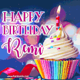 A festive animated GIF featuring a colorful cupcake with a single lit candle, sprinkles, and 'Happy Birthday Remi' text against a sparkling, celebratory background.