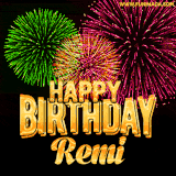 A captivating GIF with bursts of green, pink, and orange fireworks lighting up the night sky, accompanied by 'Happy Birthday Remi' in glowing golden text.