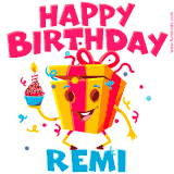 A funny animated birthday GIF with the words 'Happy Birthday Remia', colorful gift box with arms and legs, holding a cupcake with a lit candle  with confetti everywhere.