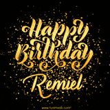 Animated GIF with colorful, festive 'Happy Birthday Remiel' text decorated with patterns, a party hat, and falling confetti. A vibrant and cheerful design for birthday celebrations.