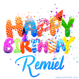 Animated GIF with colorful, festive 'Happy Birthday Remiel' text decorated with patterns, a party hat, and falling confetti. A vibrant and cheerful design for birthday celebrations.