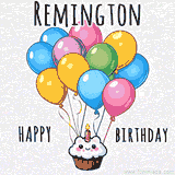 Modern fun Happy Birthday Remington animated e-card with a smiling pizza holding a balloon
