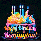 Modern digital e-card wishing Happy Birthday Remington featuring a seamless loop of three 3D gift boxes bouncing cheerfully on a light background