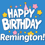 Colorful confetti and hearts floating around a white glazed cake with the name Remington written on the front.