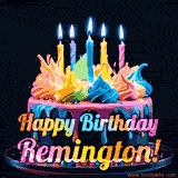 A vibrant animated GIF featuring a colorful rotating birthday cake with bright frosting swirls, glowing candles, and the text 'Happy Birthday Remington!' in rainbow colors.